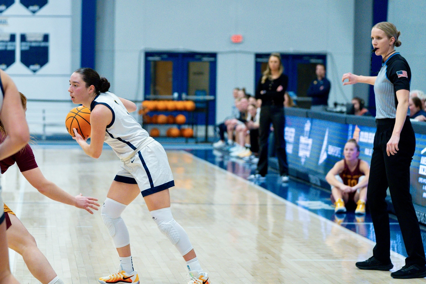 Drew Sannes refereeing a women's basketball game