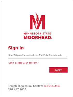 Minnesota State Moorhead log in screen