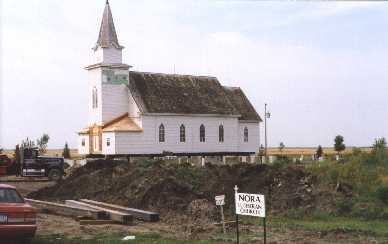 The Nora Lutheran Church undergoing repairs in June, 1998.