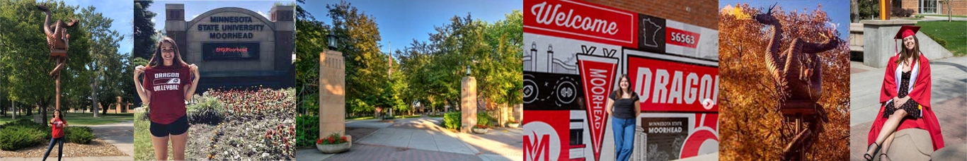 MSUM's Instagram locations; left to right: fire breathing dragon, digital sign, mural, dragon breathing fire, sown