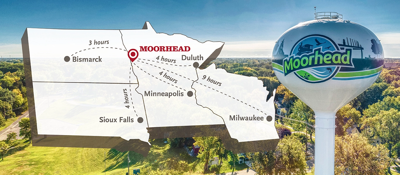 Graphic representation of MSUM's location in relation to big cities in Mn, SD, ND